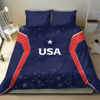 USA-themed blue duvet with two navy pillows, red stripe detailing, and “USA” center logo