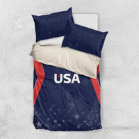 USA-themed blue bedding set with “USA” logo, red side panels, star motifs, and pillows