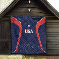 USA quilt blanket hanging in doorway, navy with red stripes, star and USA logo center.
