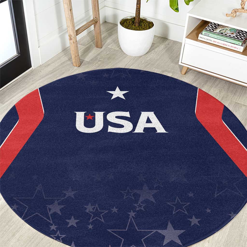 Round blue USA carpet with centered white USA lettering, star, and red stripe accents