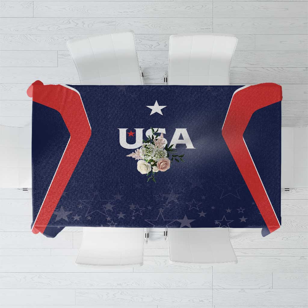 Blue tablecloth front panel featuring centered USA emblem with red side stripe accents