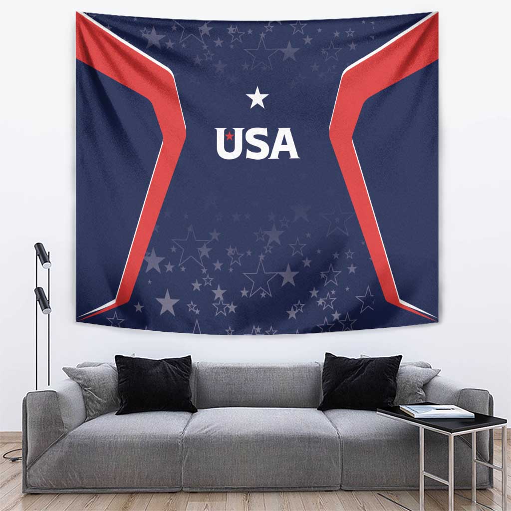 USA cricket tapestry with blue field, red corner stripes, and centered USA lettering