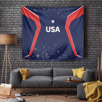 USA cricket tapestry wall hanging with blue stars and red-trimmed side shapes, USA text