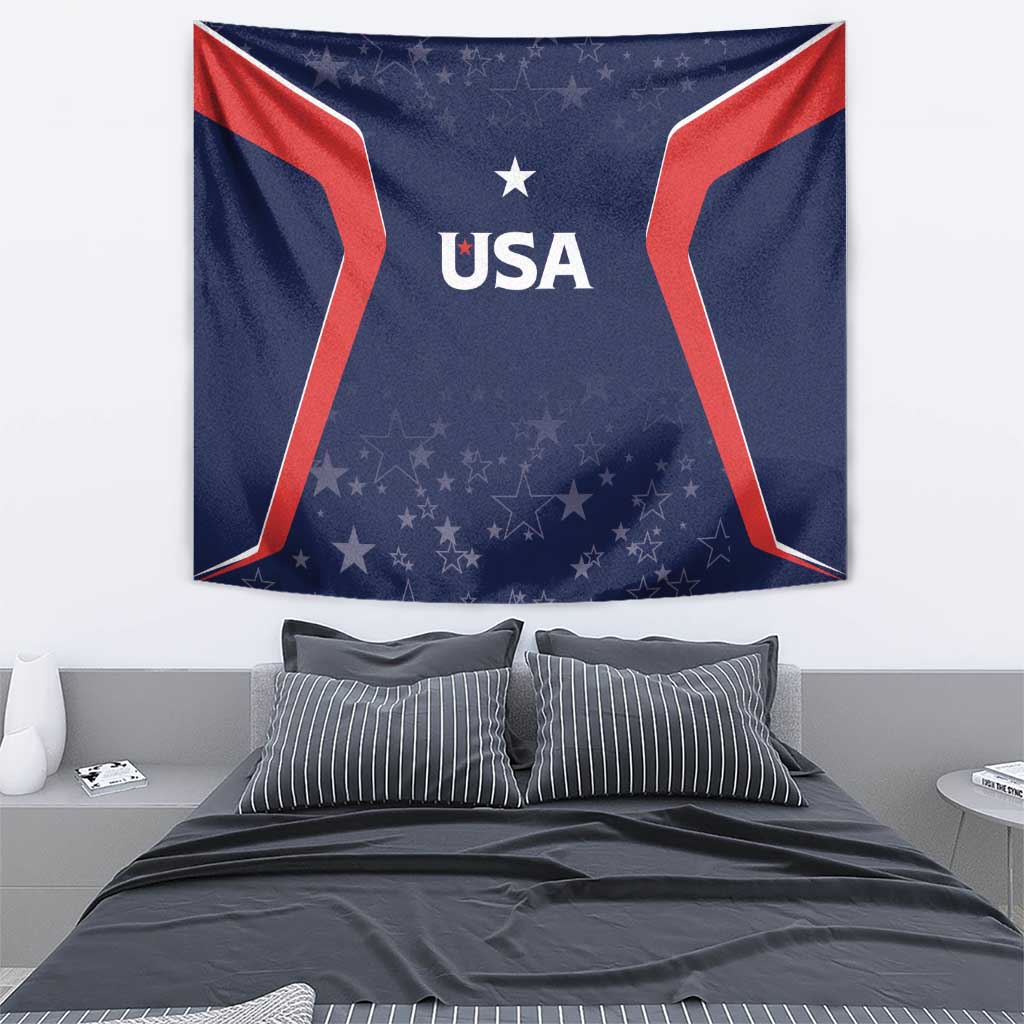 USA cricket tapestry featuring blue star pattern, red corner lines, and centered USA logo