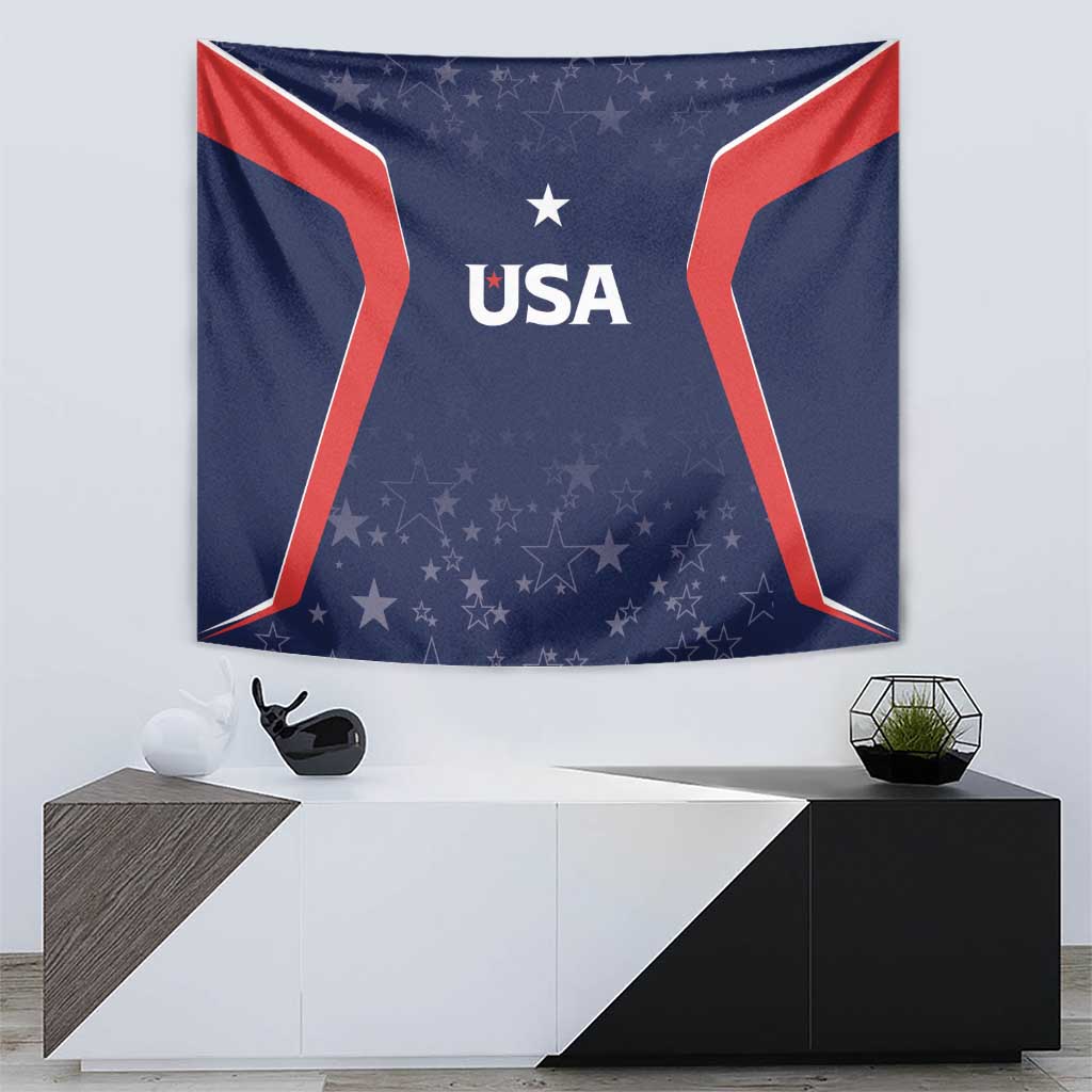 USA cricket tapestry with blue background, red angled corner shapes, and USA lettering