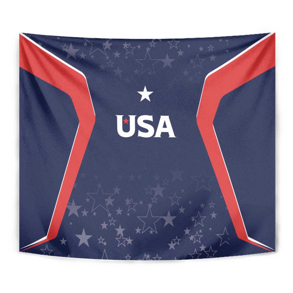USA cricket tapestry close view with blue starry design, red corner lines, and USA mark
