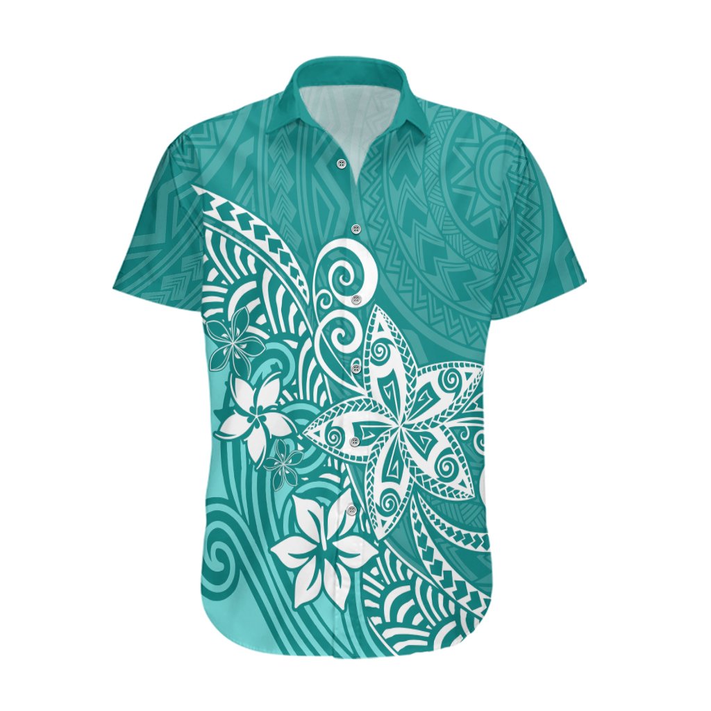 Teal Hawaiian shirt with white plumeria and tribal swirl print, short-sleeve button-up