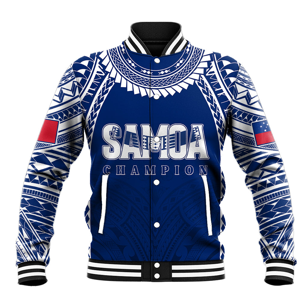 Blue varsity baseball jacket with white geometric tribal print and Samoa Champion text