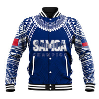 Blue varsity baseball jacket with white geometric tribal print and Samoa Champion text