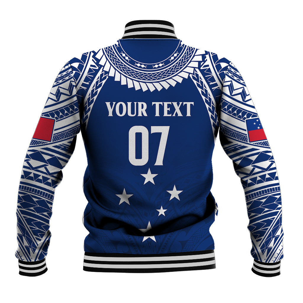 Blue baseball jacket back with custom text 'YOUR TEXT', number 07, and star graphics
