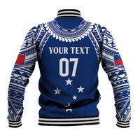 Blue baseball jacket back with custom text 'YOUR TEXT', number 07, and star graphics