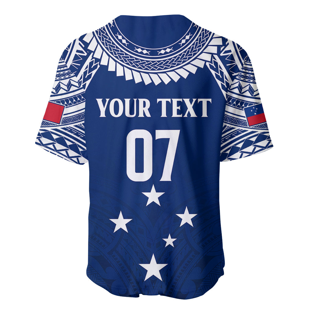 Blue rugby baseball jersey with white patterned yoke, YOUR TEXT 07 and star accents