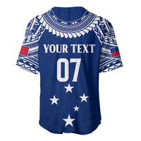 Blue rugby baseball jersey with white patterned yoke, YOUR TEXT 07 and star accents