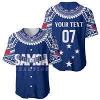 Set of two blue rugby baseball jerseys: SAMOA CHAMPION and YOUR TEXT 07 with stars
