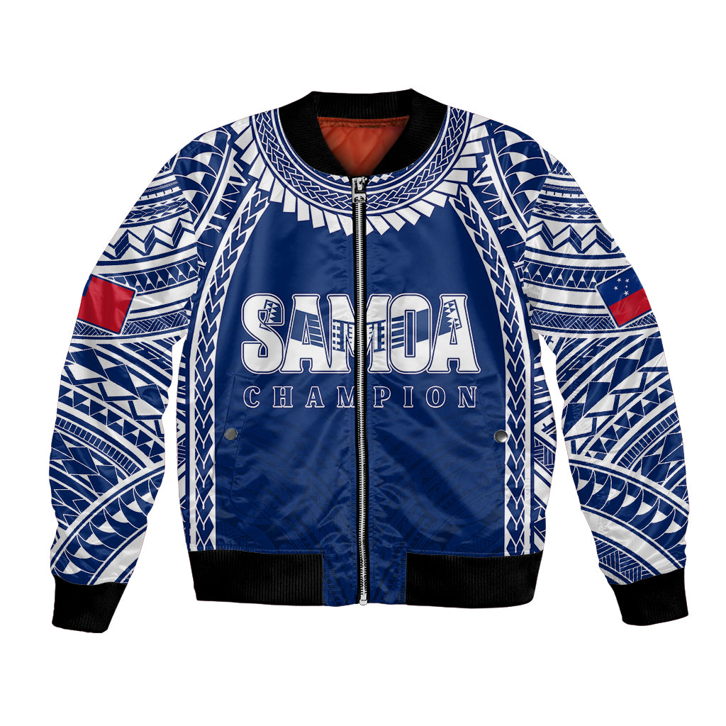 Blue zip-up rugby bomber jacket with white tribal pattern and Samoa Champion crest