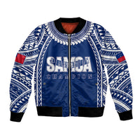Blue zip-up rugby bomber jacket with white tribal pattern and Samoa Champion crest