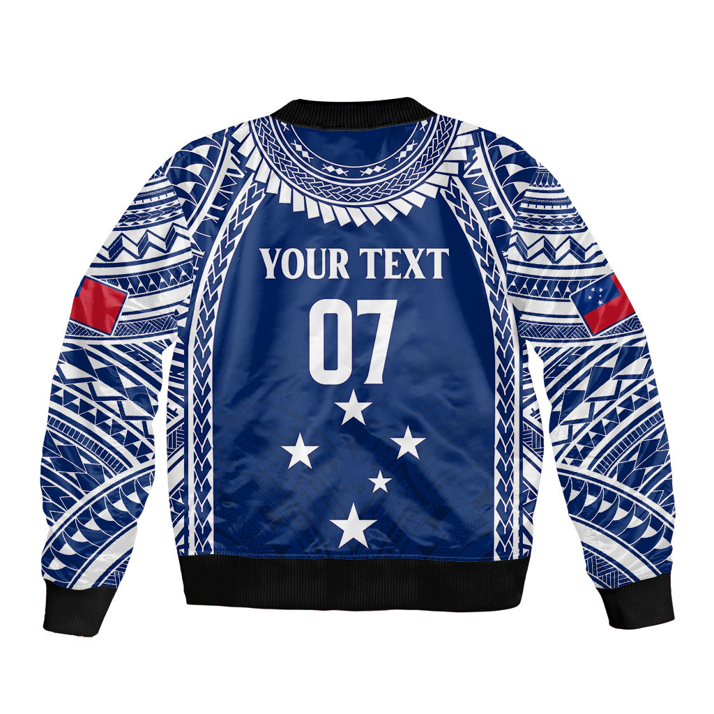 Blue zip-up bomber jacket with white geometric trim, personalized text 07 and stars