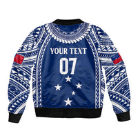 Blue zip-up bomber jacket with white geometric trim, personalized text 07 and stars