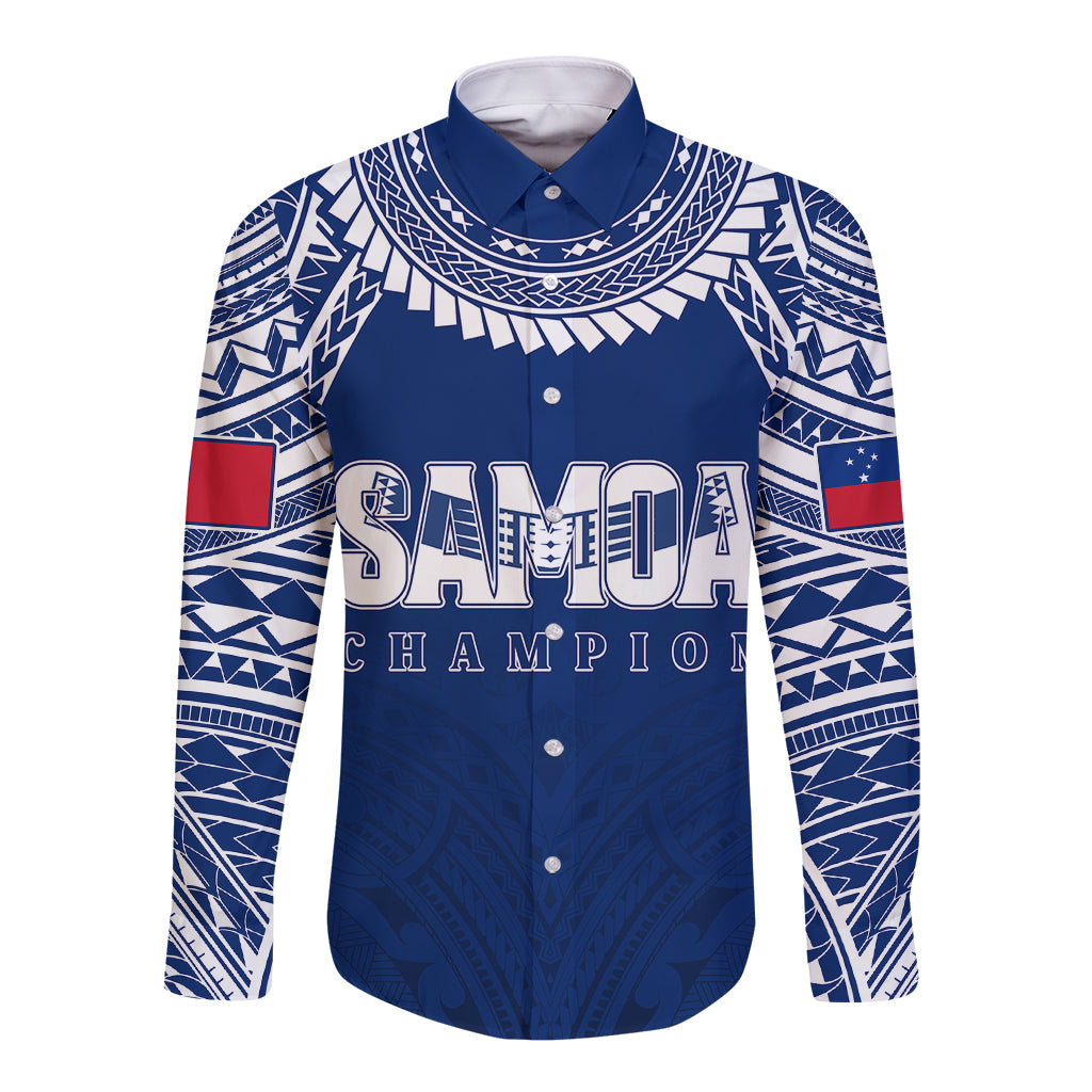Blue Samoa rugby long sleeve button shirt, white patterned yoke, SAMOA CHAMPION front print