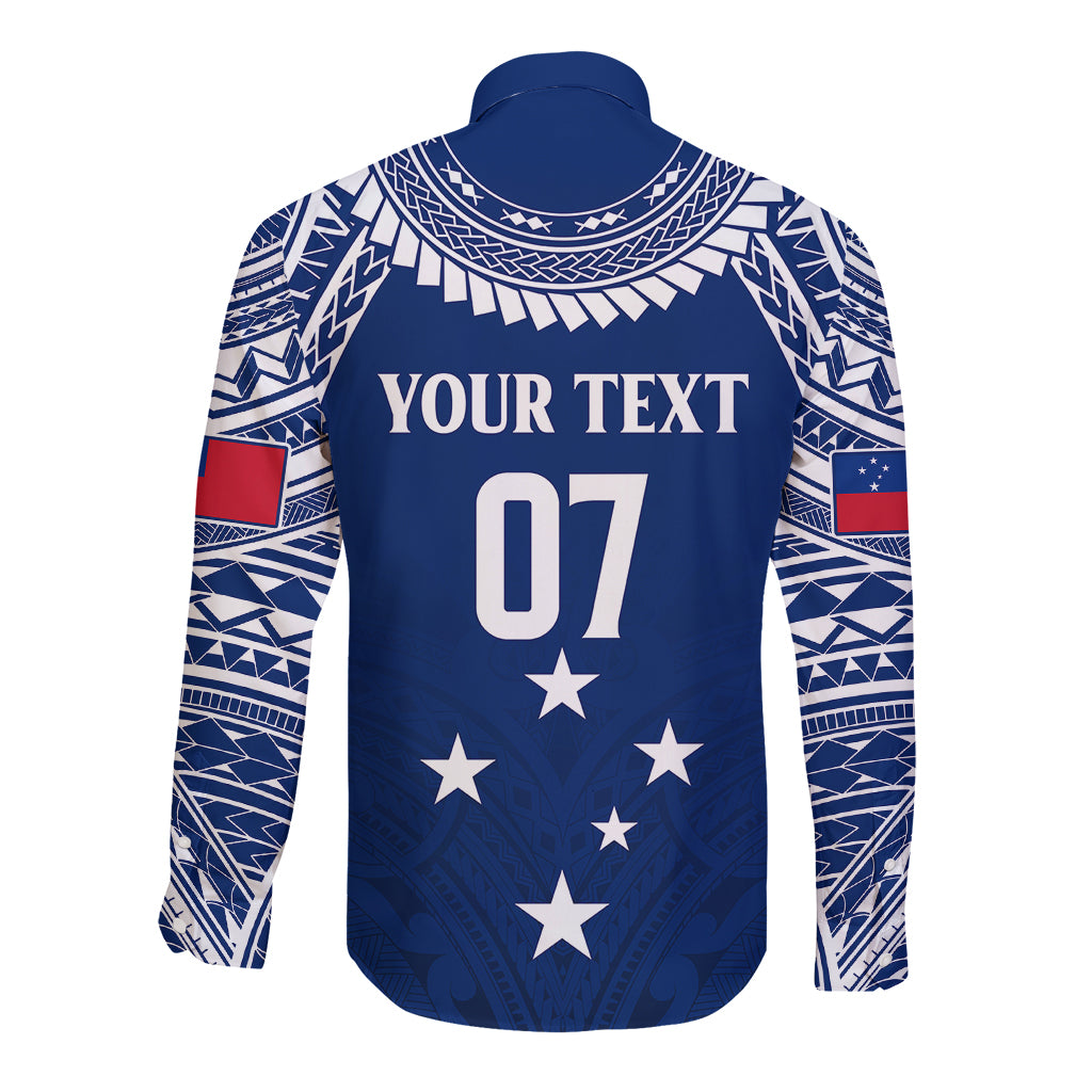 Blue rugby long sleeve button shirt, white geometric sleeves, YOUR TEXT 07 and star details