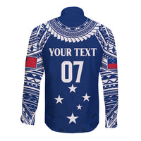 Blue rugby long sleeve button shirt, white geometric sleeves, YOUR TEXT 07 and star details