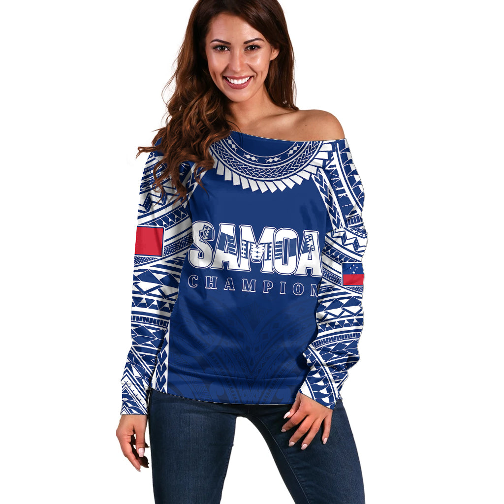 Personalised Samoa Rugby Off Shoulder Sweater WC 2023 Champions - Wonder Print Shop