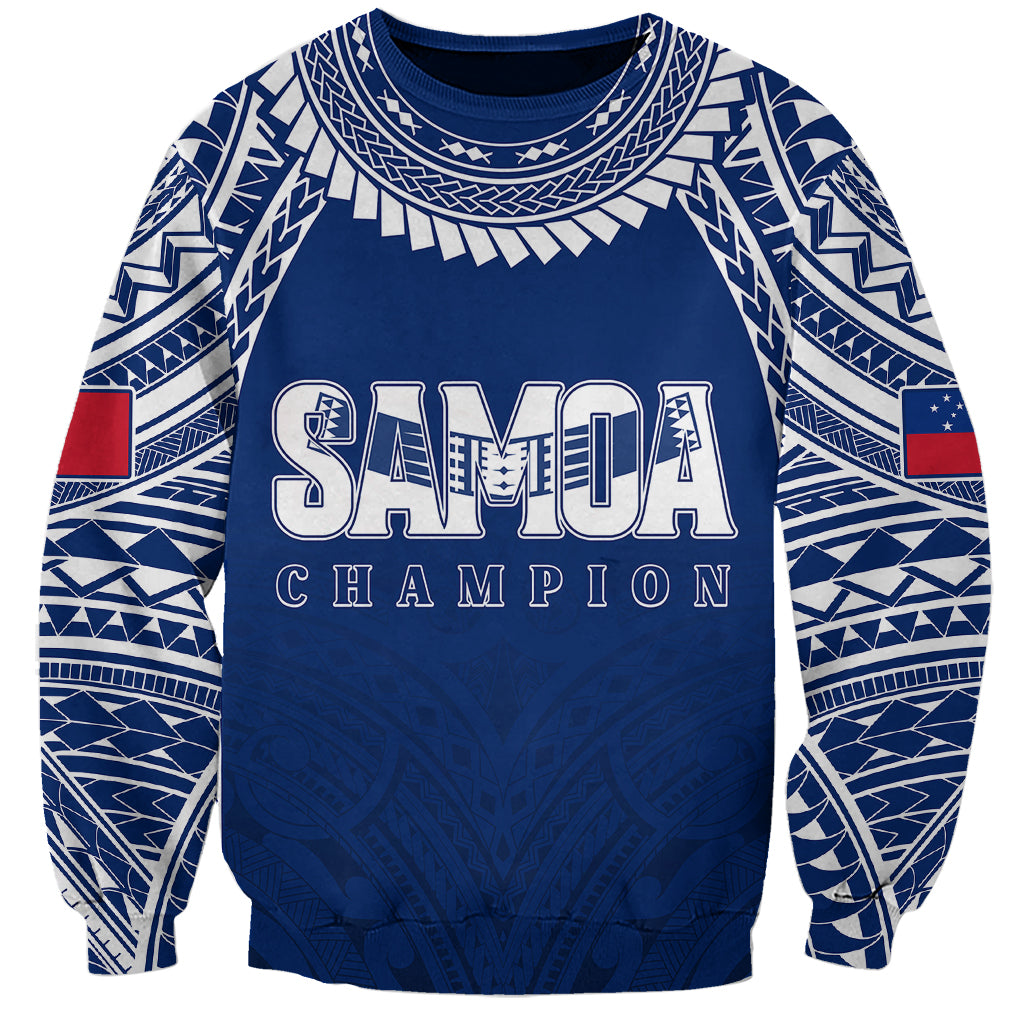 Unisex blue rugby sweatshirt with patterned sleeves and 'SAMOA CHAMPION' front print