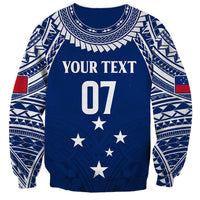 Unisex blue rugby sweatshirt with patterned sleeves and 'YOUR TEXT 07' star graphic
