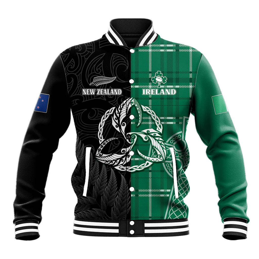 Unisex rugby baseball jacket, green plaid & black panels, button front, Celtic crest