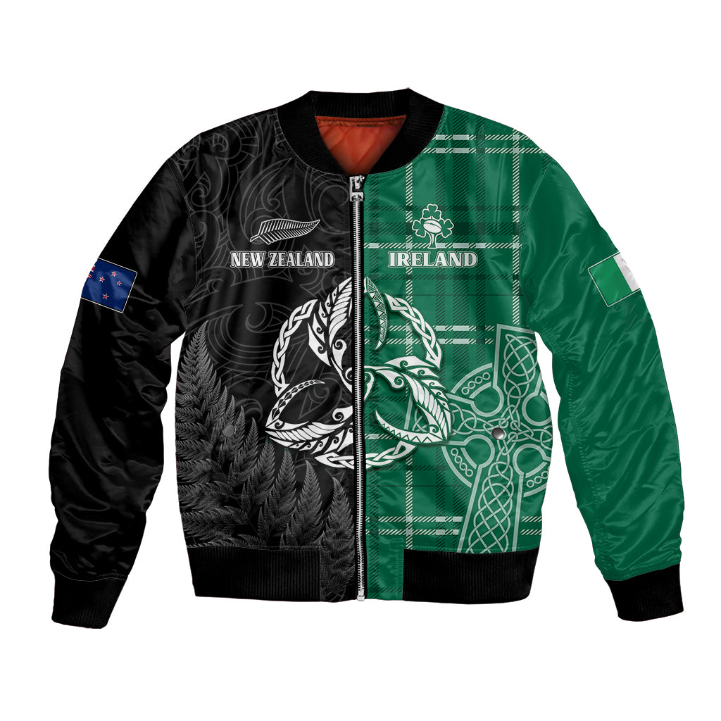 Personalized rugby bomber jacket, black & green zip front with Celtic knot and fern art