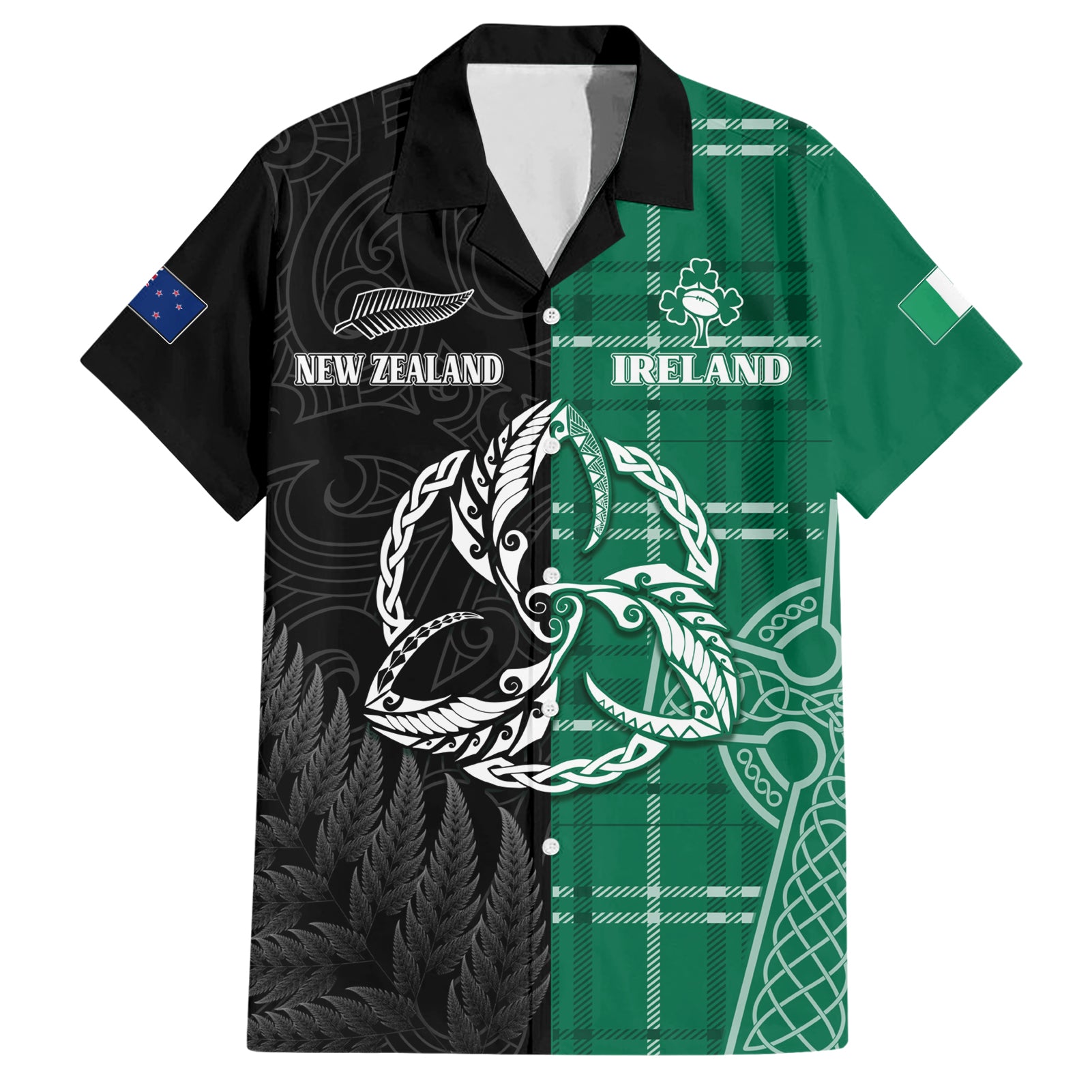 Personalised New Zealand Mix Ireland Rugby Hawaiian Shirt Celtic Knot Mix Silver Ferns - Wonder Print Shop