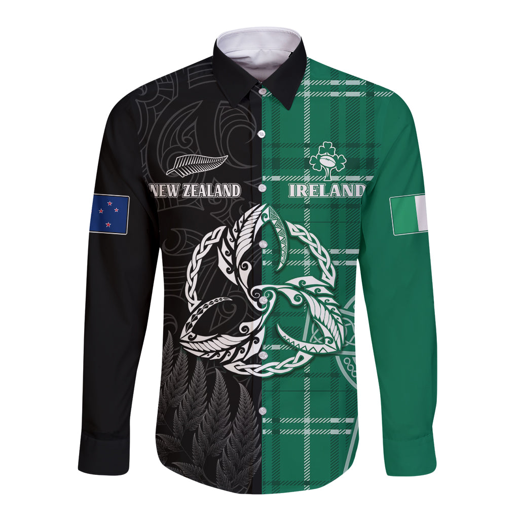 Personalised New Zealand Mix Ireland Rugby Long Sleeve Button Shirt Celtic Knot Mix Silver Ferns - Wonder Print Shop