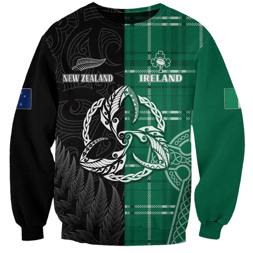Unisex rugby sweatshirt with green plaid and black panels, NZ and Ireland crests