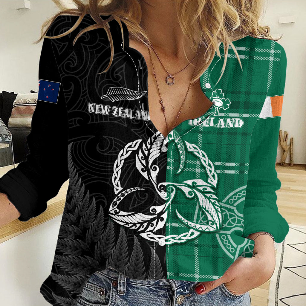 Personalised New Zealand Mix Ireland Rugby Women Casual Shirt Celtic Knot Mix Silver Ferns LT7