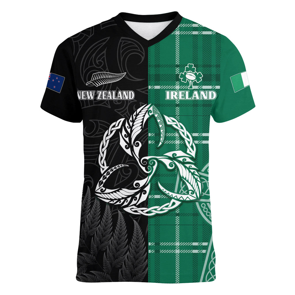 Personalised New Zealand Mix Ireland Rugby Women V Neck T Shirt Celtic Knot Mix Silver Ferns LT7