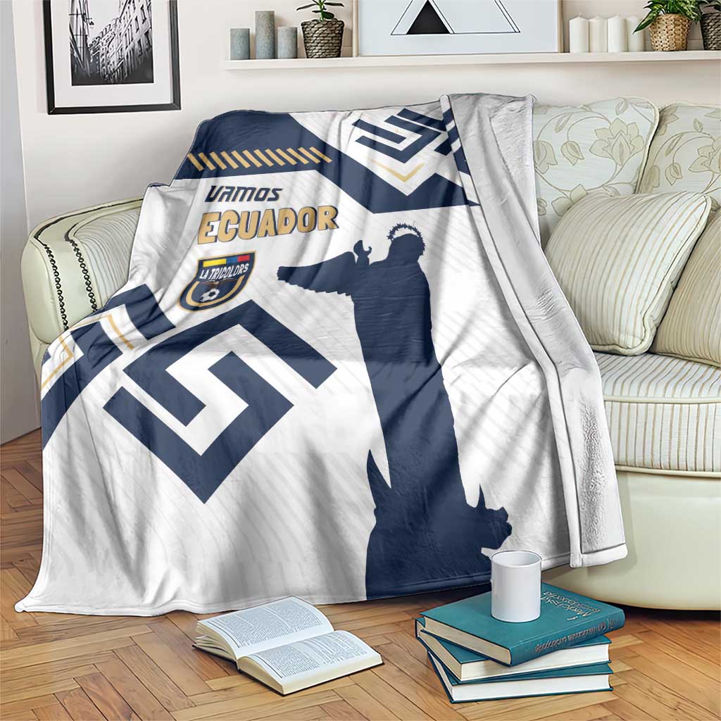 Ecuador football blanket with navy and gold crest, player silhouette, geometric patterns on white