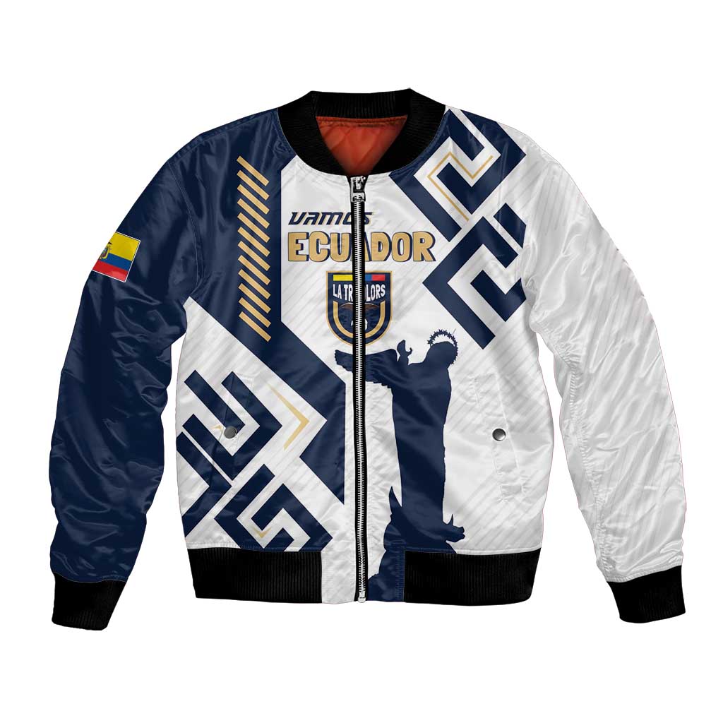 Unisex football bomber jacket in white and navy with front zipper and bold crest graphic