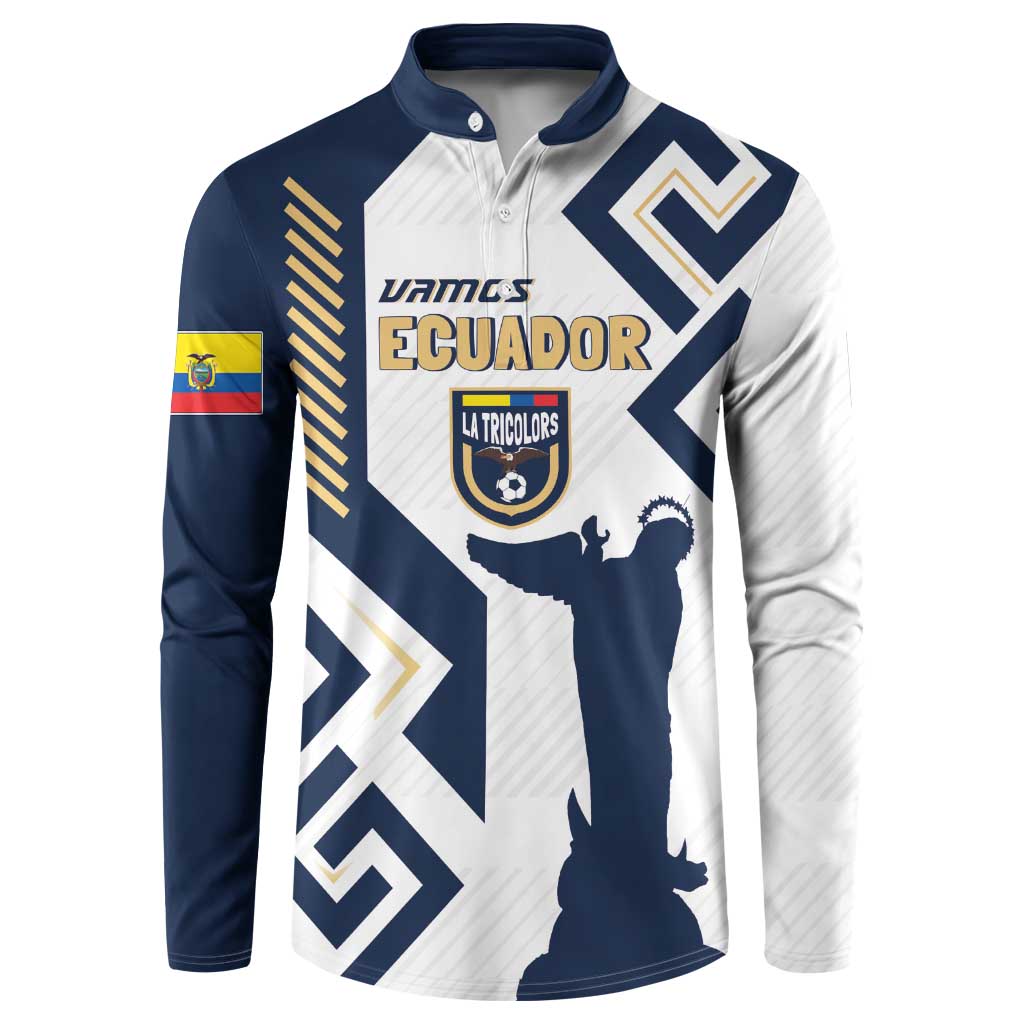 White and navy button-up football sweatshirt with Ecuador crest graphic and long sleeves
