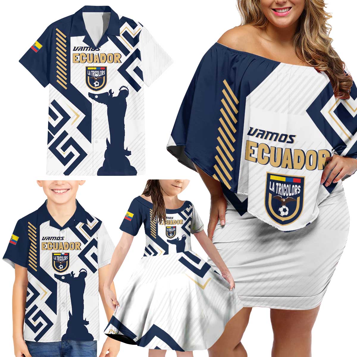 Ecuador Football Custom Family Matching Off Shoulder Short Dress and Hawaiian Shirt La Tricolors 2024 Virgen de El Panecillo LT7 - Wonder Print Shop