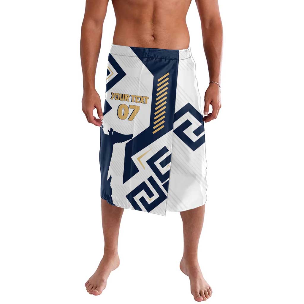 White and navy soccer lavalava with geometric print, blue waistband, and number 07