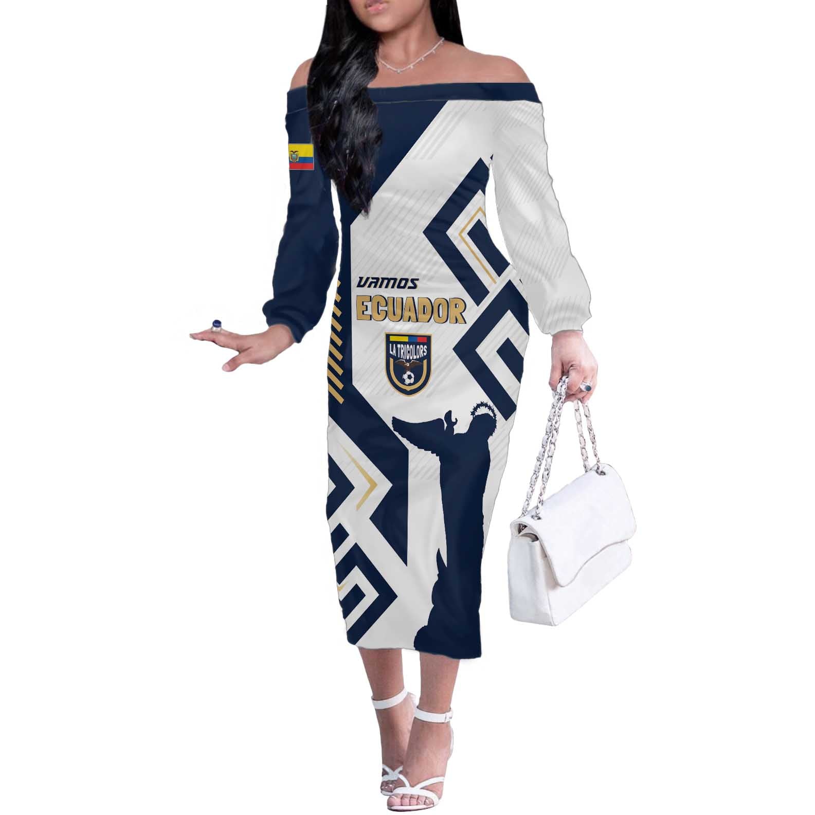 Ecuador Football Custom Off The Shoulder Long Sleeve Dress La Tricolors 2024 Virgen de El Panecillo - Wonder Print Shop