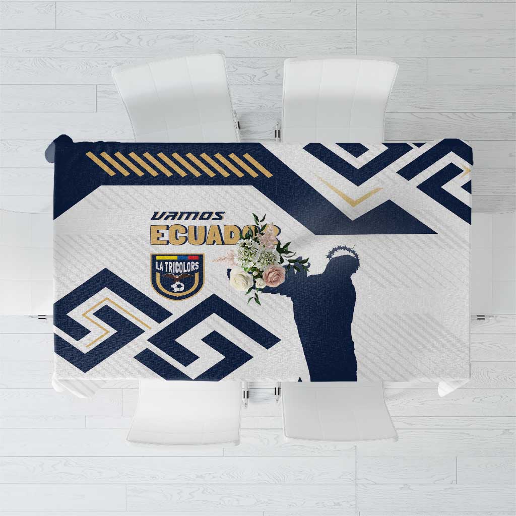 White tablecloth with navy chevrons, crest emblem, and decorative graphics