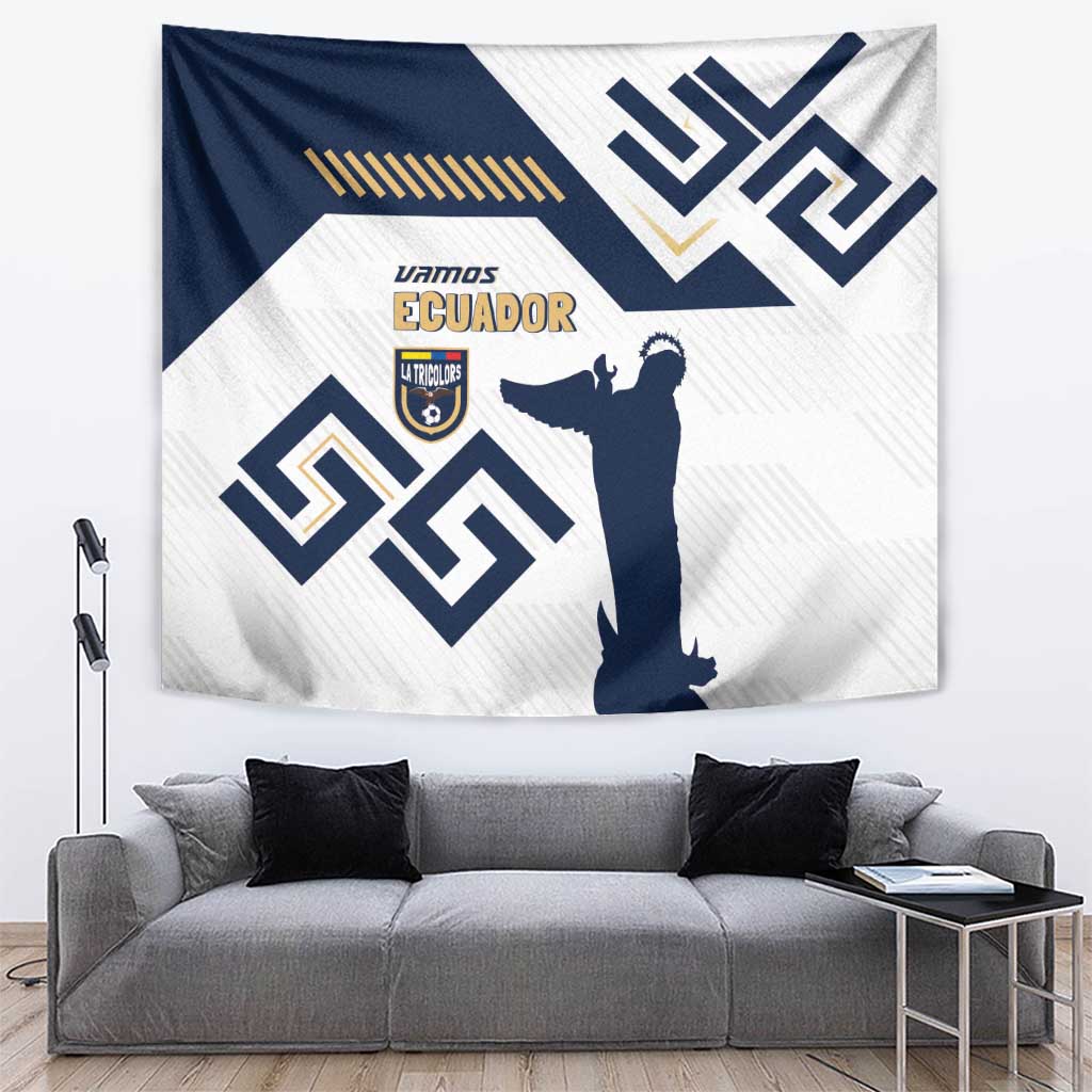Hanging football wall tapestry with 'Vamos Ecuador' text, navy player silhouette, white and gold