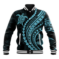 Black baseball jacket with turquoise tribal graphics, ribbed collar, button front.