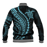 Black baseball jacket with turquoise tribal graphics, striped ribbed hem and cuffs.