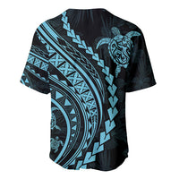 Baseball jersey with black and aquamarine back turtle graphic, short sleeves