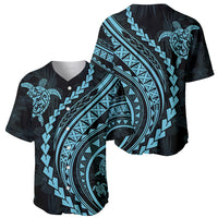 Baseball jersey black with aquamarine turtle and curved tribal patterns, short sleeves