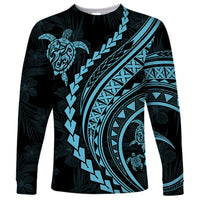 Long-sleeve shirt with aquamarine turtle and tribal patterns on black fabric