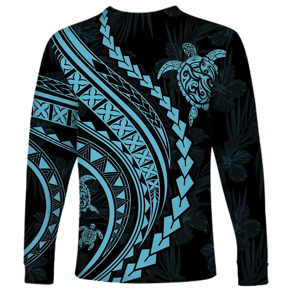 Long-sleeve shirt with aquamarine geometric bands and turtle motif on black fabric