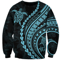 Unisex black sweatshirt with aqua turtle hibiscus Polynesian graphic, long sleeves